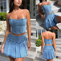 Denim Dress Sets Strapless Pullover Tops Solid Pleated Mini Skirts Spliced High Waist Skirt Matching Sets Streetwear Autumn Purplish Diva
