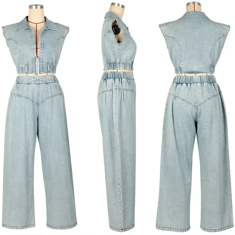 Streetwear Denim Set Women 2 Piece Set Outfit Jean Zipper Turn-down Collar Cropped Top and Loose Wide Leg Pants Matching Sets Purplish Diva
