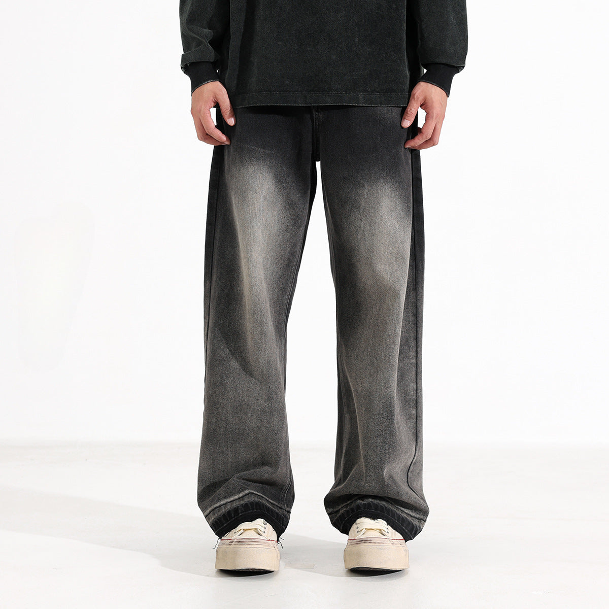 American-style Heavy Washed Black And Gray Straight Jeans Men's Loose Wide Leg Casual Trousers Lootquake LLC