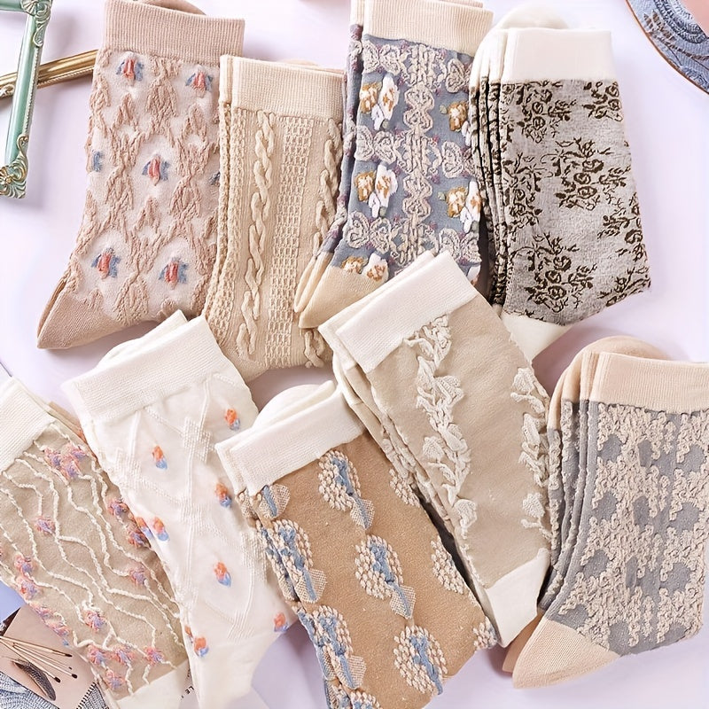 9-Pair Elegant Floral Print Mid-Tube Socks - Soft & Breathable Fabric - Perfect for Casual & Dressy Occasions Lootquake LLC