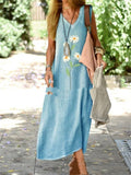 Large Design Cotton And Linen Retro Printed V-neck Dress Lootquake LLC