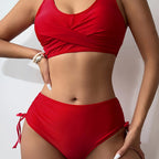 Bikini Twist Front V Neck High Waist 2 Piece Bikini Set for Women – Stretchy Tie Back Swimsuit with Drawstring Lace Up and Comfortable Fit – Trendy Solid Color Swimwear for Beach Days Pool Parties and Summer Vacations