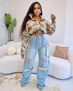 BWQ Washed Denim Women's Set Full Sleeve Floral Jacket and Pockets Cargo Jeans Pants Suit 2025 Street Two 2 Piece Set Outfit Purplish Diva