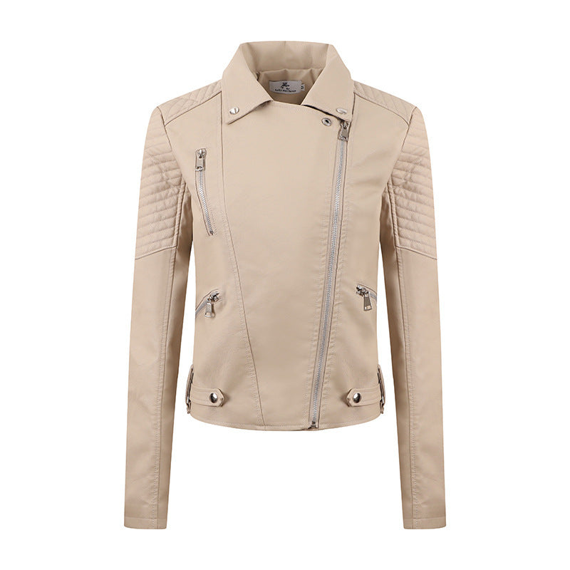 PU Women's Short Leather Oblique Pull Slim Motorcycle Clothing Washed Leather Jacket Pi-Mart