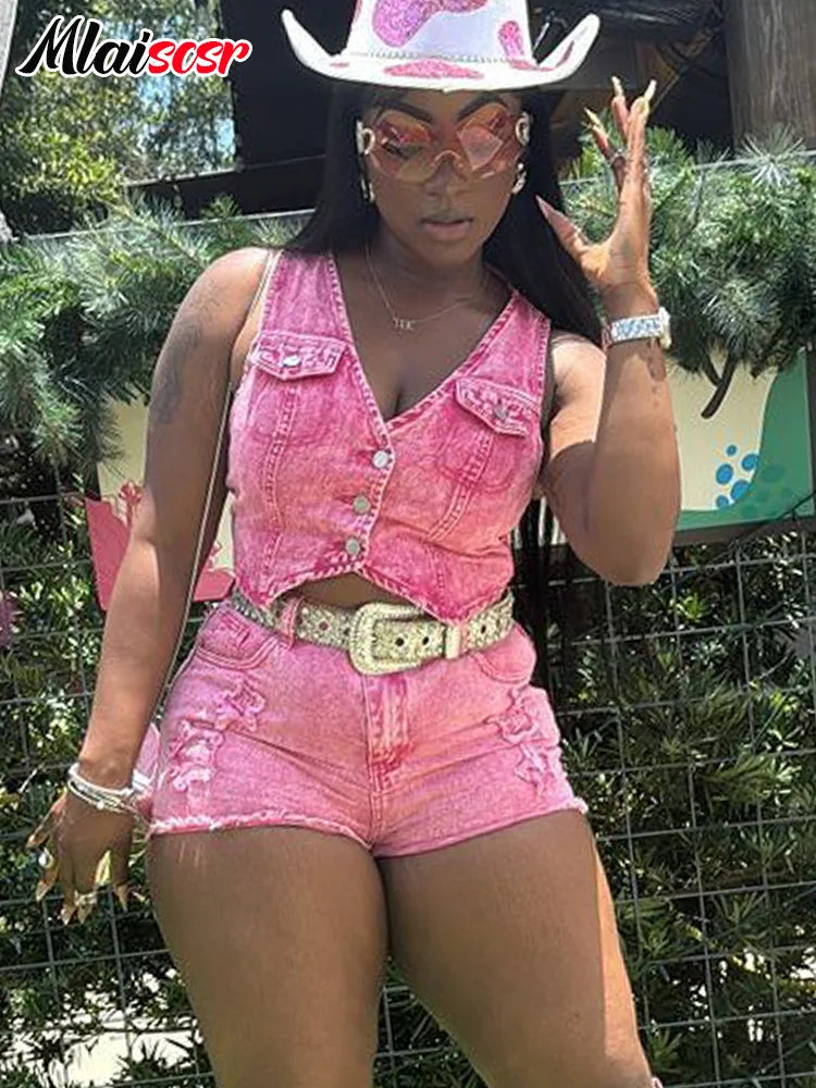 Mlaiscsr Pink Stretch Denim Sexy 2 Piece Club Outfit Women Sets V-Neck Vest Crop Tops and Embroidered Shorts Suit Y2k Streetwear Purplish Diva