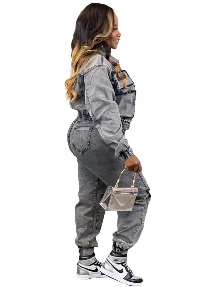 Wmstar Denim Two Piece Set Women Jacket Coat Top Jeans Cargo Pants Cool New in Winter Matching Clothes Wholesale Dropshipping Purplish Diva