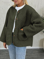 Modern Cozy Women Luxuriously Cozy Contrast Button Up Sherpa Jacket with Pockets For Fall & Winter Stevvex