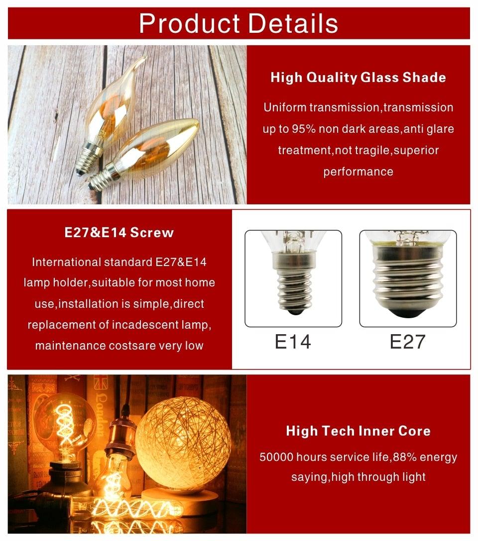 E14 E27 Retro LED Spiral Filament Light Bulb 4W 220V C35 G45 A60 T45 ST64 T185 T225 G80 G95 G125 Vintage Edison Lamp Vintage Filament Light Bulbs Globe Round Stevvex