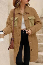 Blue Teddy Coat – Contrast Flap Pockets & Single Breasted