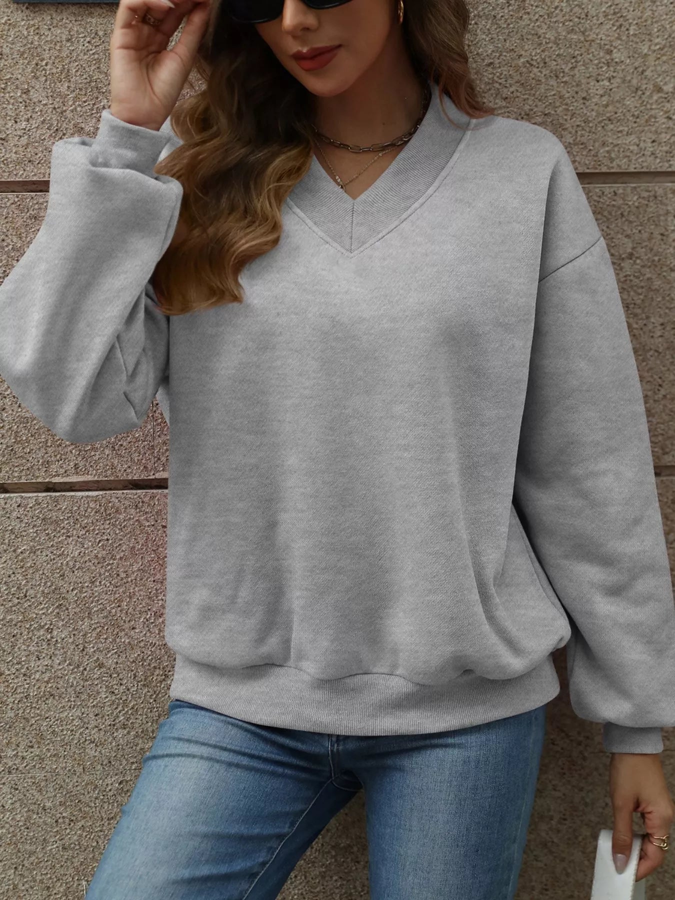 V-Neck Solid Color Casual Sweatshirt THRIXINE