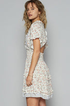 New Summer Cutout Back Frill Floral V-Neck Short Sleeve Mini Dress For Women Fluttering, Chic, Feminine, and Playful Dress with Floral Print and Back Cutout for a Flirty and Elegant Look