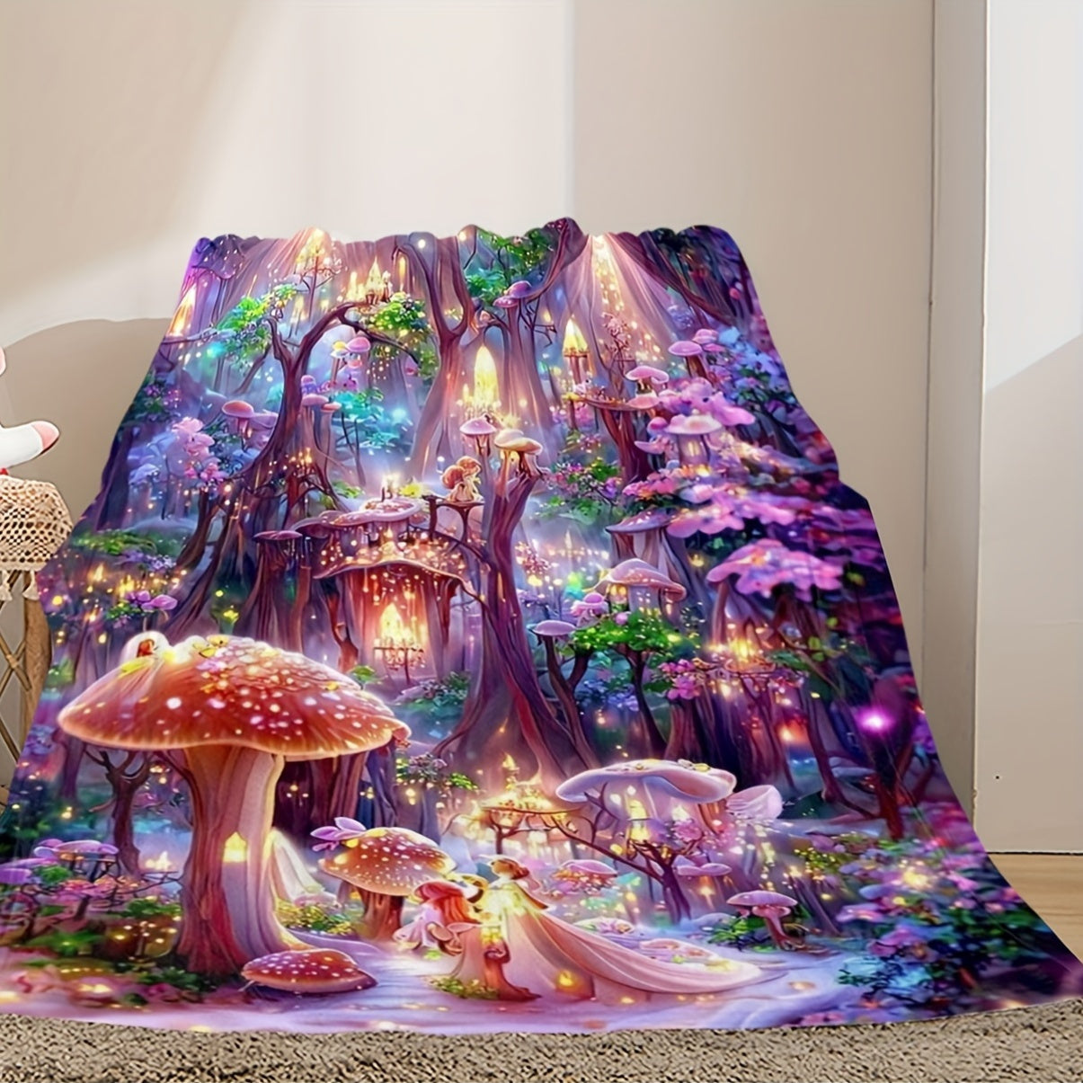 Whimsical Fantasy Mushroom Castle Throw Blanket - Soft, Reversible, and Vibrant Polyester Knit Bedding with Unique Embellishments, All-Season Multipurpose Design, and Flower Patterned Reverse Side Lootquake LLC