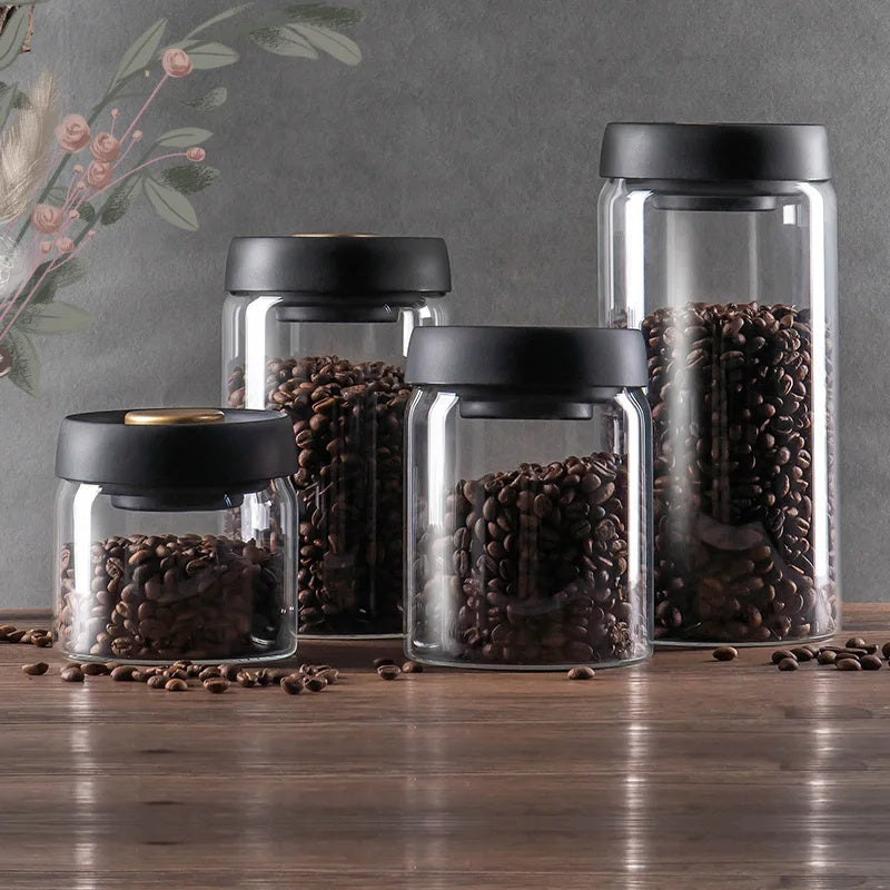 Vacuum Sealed Jug Set Black Coffee Beans Glass Airtight Canister Kitchen Food Grains Candy Keep Good Storage Jar Set Kitchen Gadgets Pi-Mart