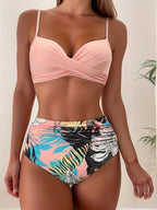 Tropical Vibe High Waist Bikini Set – Flirty V-Neck Swimsuit with Layered Colorblock High Cut Bottom Crisscross Strap Detail & Ultra-Stretch Comfort – Women's Two Piece Swimwear for Summer Beach Pool & Vacation Fun Stevvex