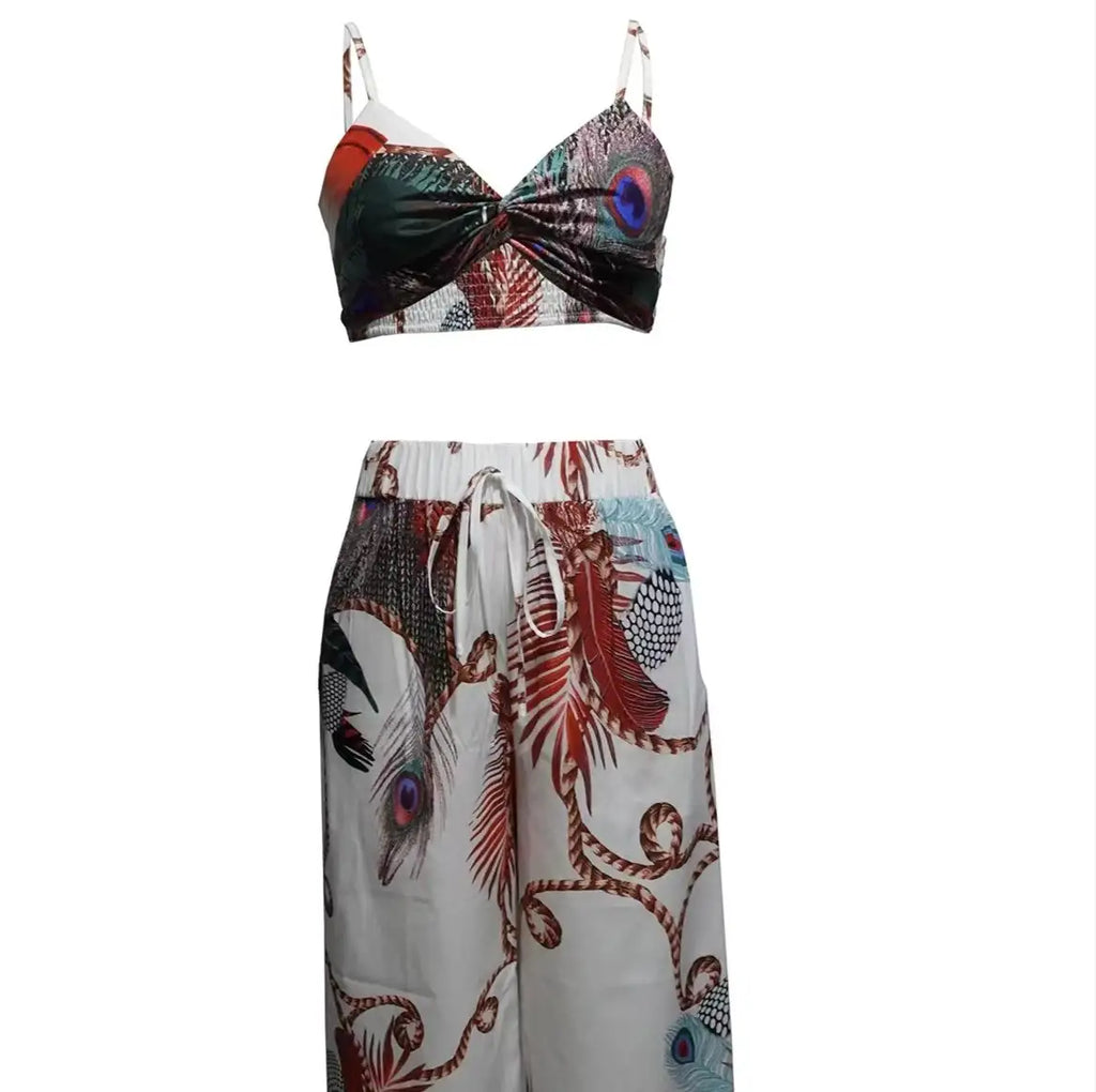 Women's Feather Printed Black Vacation Sexy Strap Pants Set - SJB-DIAMOND ELITES