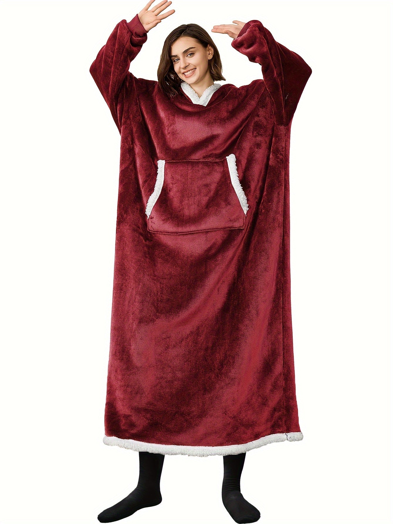Women's Casual Lounge Robe - Plus Size Sherpa Fleece Hooded Extra Long Warm Oversized Wearable Blanket With Pockets - For Women - Perfect for Cozy Nights & Relaxation - Ideal Gift for Birthday & Holidays