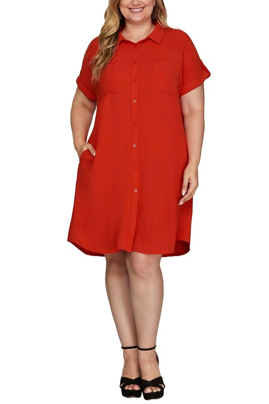 Deep Red Full Size Button-Down Short Sleeve Shirt Dress Plus Size Casual Women Simple Home Dress Stevvex