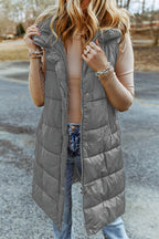 Dark Grey Hooded Long Quilted Vest Coat Lootquake LLC