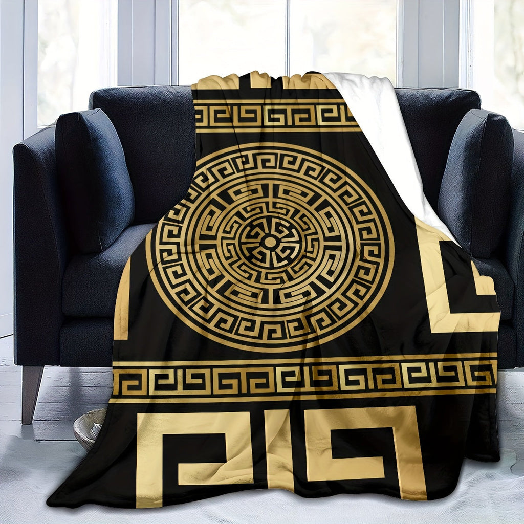 Glam Style Digital Print Flannel Throw Blanket – Hypoallergenic Woven Polyester Cover, All Seasons Multipurpose Bedding with Greek Key Design – No Embellishment, 200-250g Square Weight Lootquake LLC