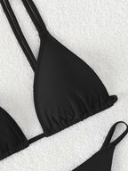 Bikini Solid Color Triangle V Neck 2 Piece Bikini Set for Women – Stretchy Double Strap Tie Back V String Swimwear with Lace Up Detail – Flattering Beach Vacation Swimsuit for Confident Summer Style and Poolside Fashion