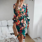 Printed Dress 2023 Autumn Winter Elegant V-neck Dress - SJB-DIAMOND ELITES