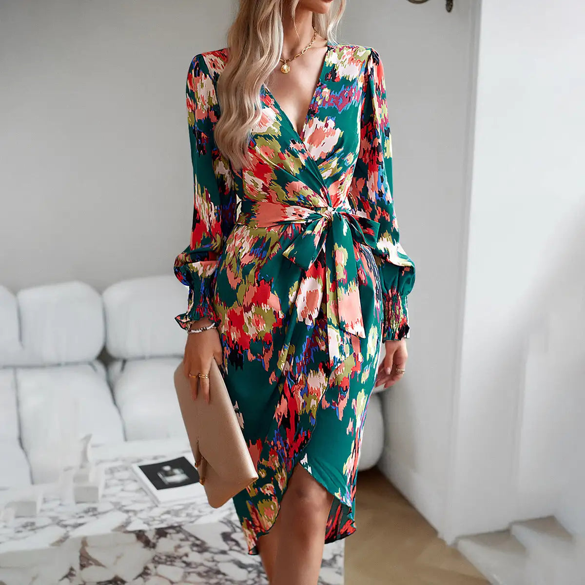 Printed Dress 2023 Autumn Winter Elegant V-neck Dress - SJB-DIAMOND ELITES