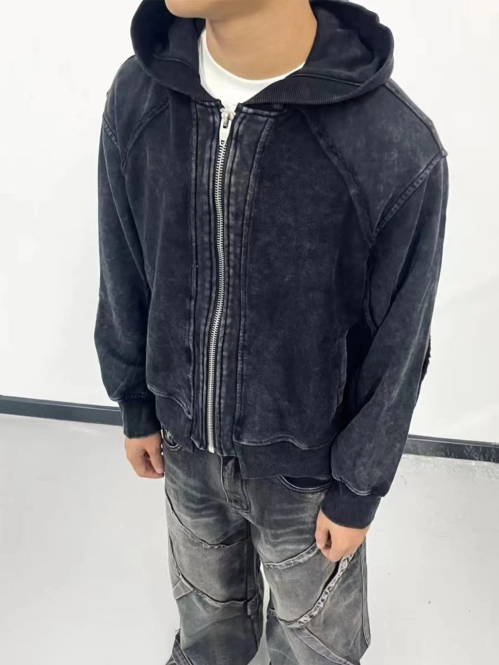Men's Washed Zip-Up Hoodie with Pockets