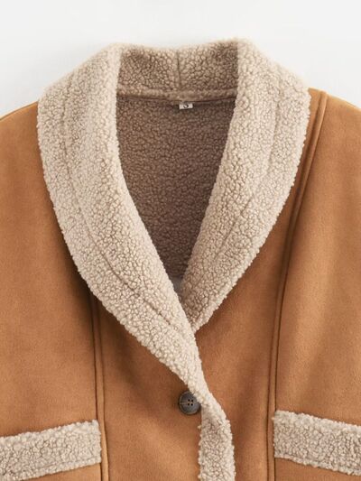 Fuzzy Collared Neck Long Sleeve Jacket with Buttoned Closure and Cozy Pockets Stevvex