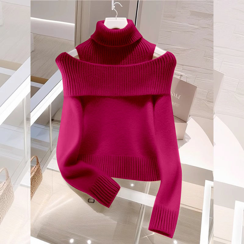Soft Glutinous Idle Style Off-the-shoulder Bulky Turtleneck In Apricot Sweater Pi-Mart