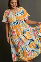 Umgee Abstract Print Midi Dress – Flutter Sleeves & Tiered Frill Detail