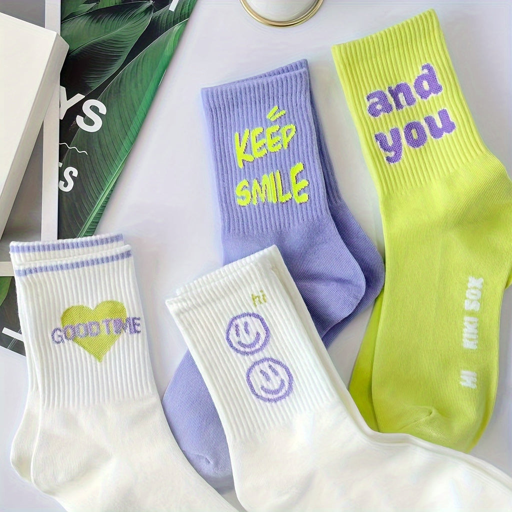 4 Pairs Fashionable Letter Graphic Socks - Womens Athletic Mid-Calf Stockings - Soft, Breathable & Trendy Designs for Everyday Wear Lootquake LLC