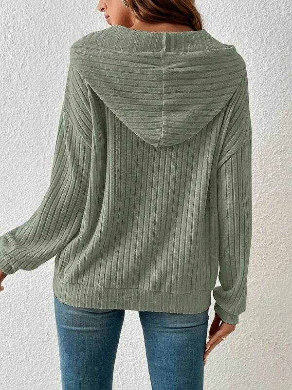 Fashion Drawstring Long-sleeved Hooded Sweatshirt With Pockets Solid Sunken Stripe Hoodie Knitwear Womens Clothing Pi-Mart