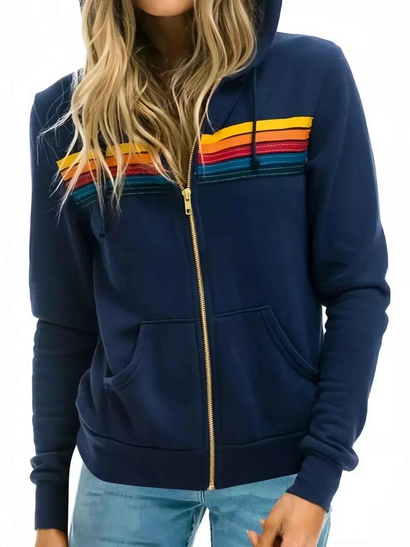 Full Size Striped Zip-Up Hoodie Plus Size THRIXINE