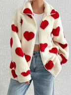 Cute Heart Zip Up Drop Shoulder Furry Jacket Cozy & Trendy Cold-Weather Essential Warm Soft Winter Jacket For Your Girl