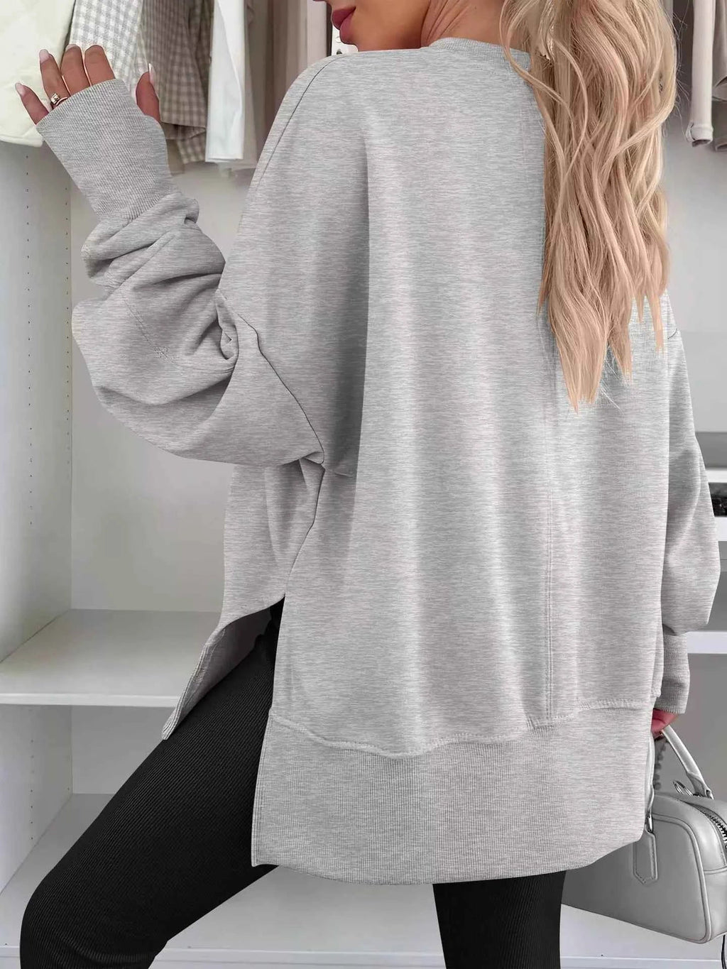 Side Slit Round Neck Long Sleeve Sweatshirt THRIXINE
