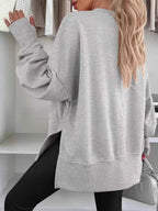 Side Slit Round Neck Long Sleeve Sweatshirt THRIXINE
