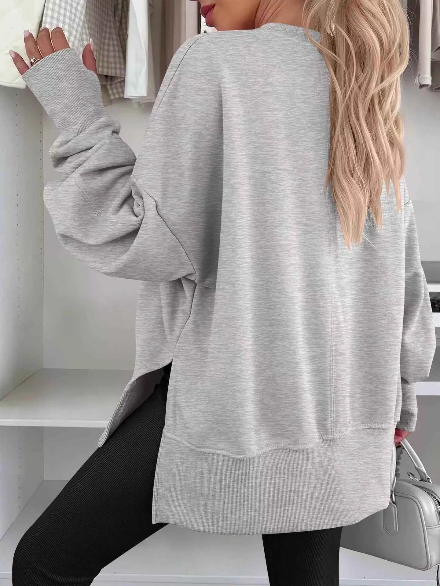Side Slit Round Neck Long Sleeve Sweatshirt THRIXINE