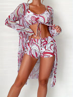 Modern Geo 3-Piece Bikini Set – Vibrant Geometric Print Fluttering Swimwear with V-Neck Top Boxer Shorts Bottoms and Long Sleeve Cover Shirt – Comfortable High-Stretch Women’s Beachwear for Pool & Summer Vacations