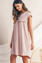 Oatmeal Frilled Trim Crewneck Loose Fit Mini Dress