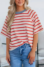 Tomato Red Striped Raglan Sleeve Contrast Neck T-Shirt