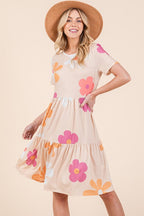 New Floral Round Neck Short Sleeve Tiered Dress For Women–Flowy, Feminine & Perfect for Summer