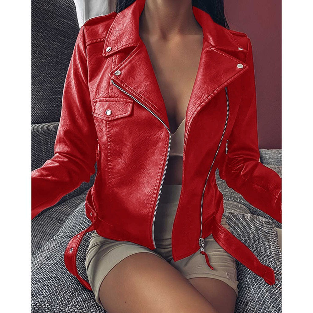 Plus Size Women's Short Coat PU Motorcycle Clothing Slim Winter Leather Jacket Pi-Mart