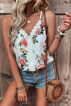 White Floral Print Lace V Neck Tank Top