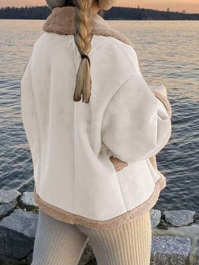 Fuzzy Collared Neck Long Sleeve Jacket with Buttoned Closure and Cozy Pockets Stevvex