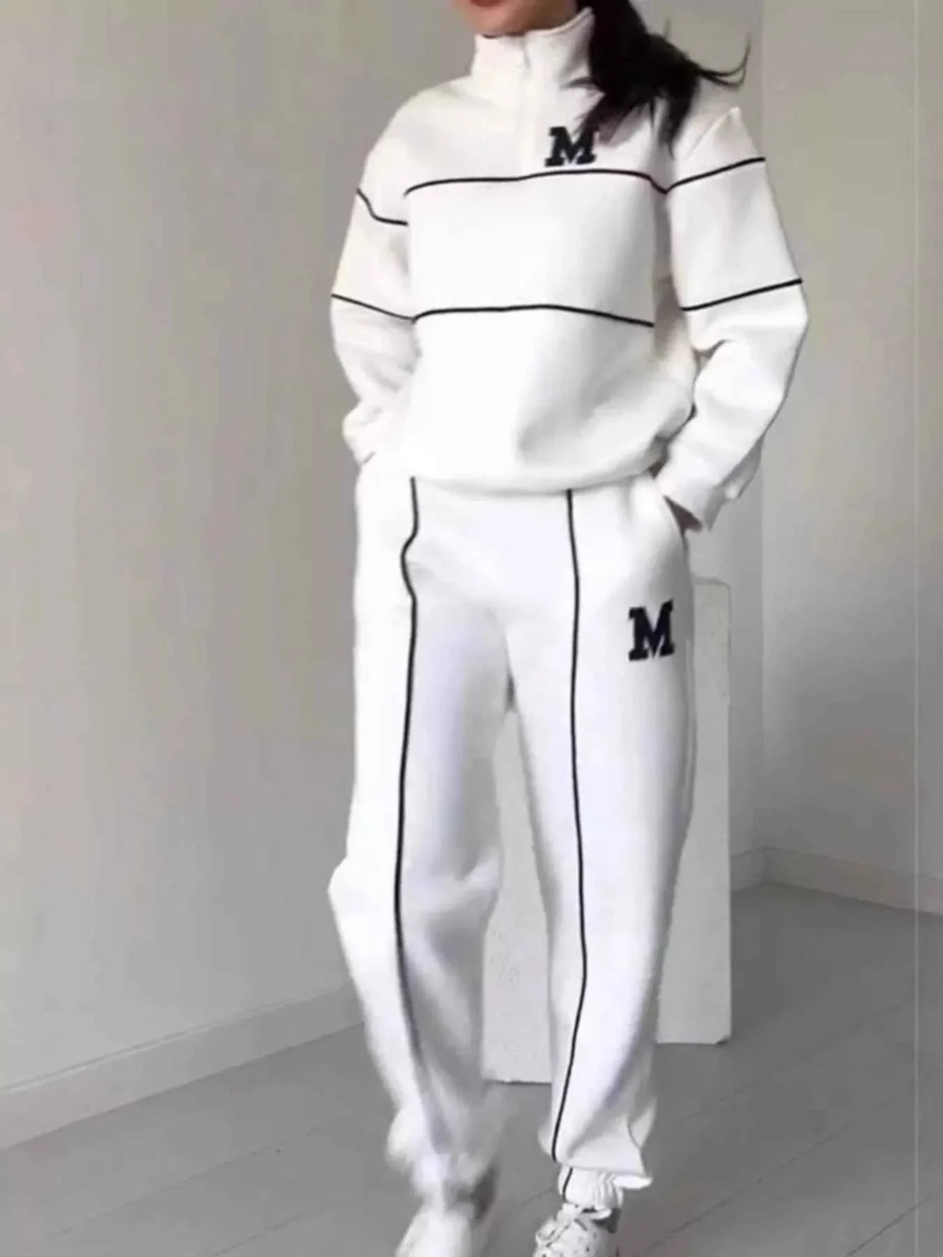 Full Size Striped Quarter Zip Top and Pants Set Plus Size THRIXINE