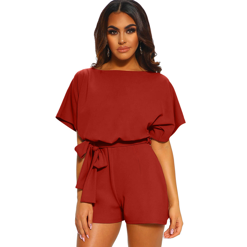 Women's Round Neck Short-sleeved Lace-up Jumpsuit Pi-Mart