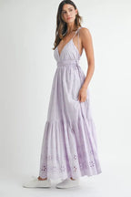 Eyelet Lace Maxi Dress With Side Strap Details – Elegant Fluttering Eyelet Lace Maxi Dress, Modern Side Strap Design, Formal Summer Maxi Dress, Sophisticated Event Dress