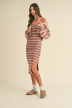 Stripe Crop Cardigan and Bodycon Dress Sweater Set – Two-Piece Knit Set, Striped Crop Cardigan Dress, Cozy Sweater Dress Set, Chic Layered Knit Outfit