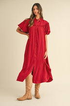 Mineral Washed Button Down Puff Sleeve Shirt Dress – Trendy Button Down Shirt Dress with Puff Sleeves and Unique Mineral Wash Finish for a Chic and Casual Look