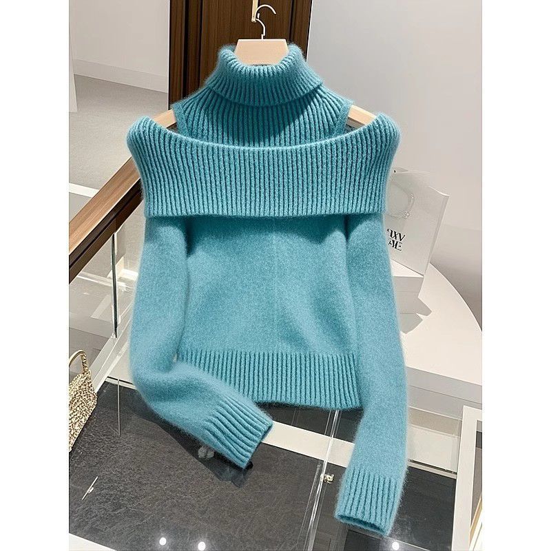Soft Glutinous Idle Style Off-the-shoulder Bulky Turtleneck In Apricot Sweater Pi-Mart